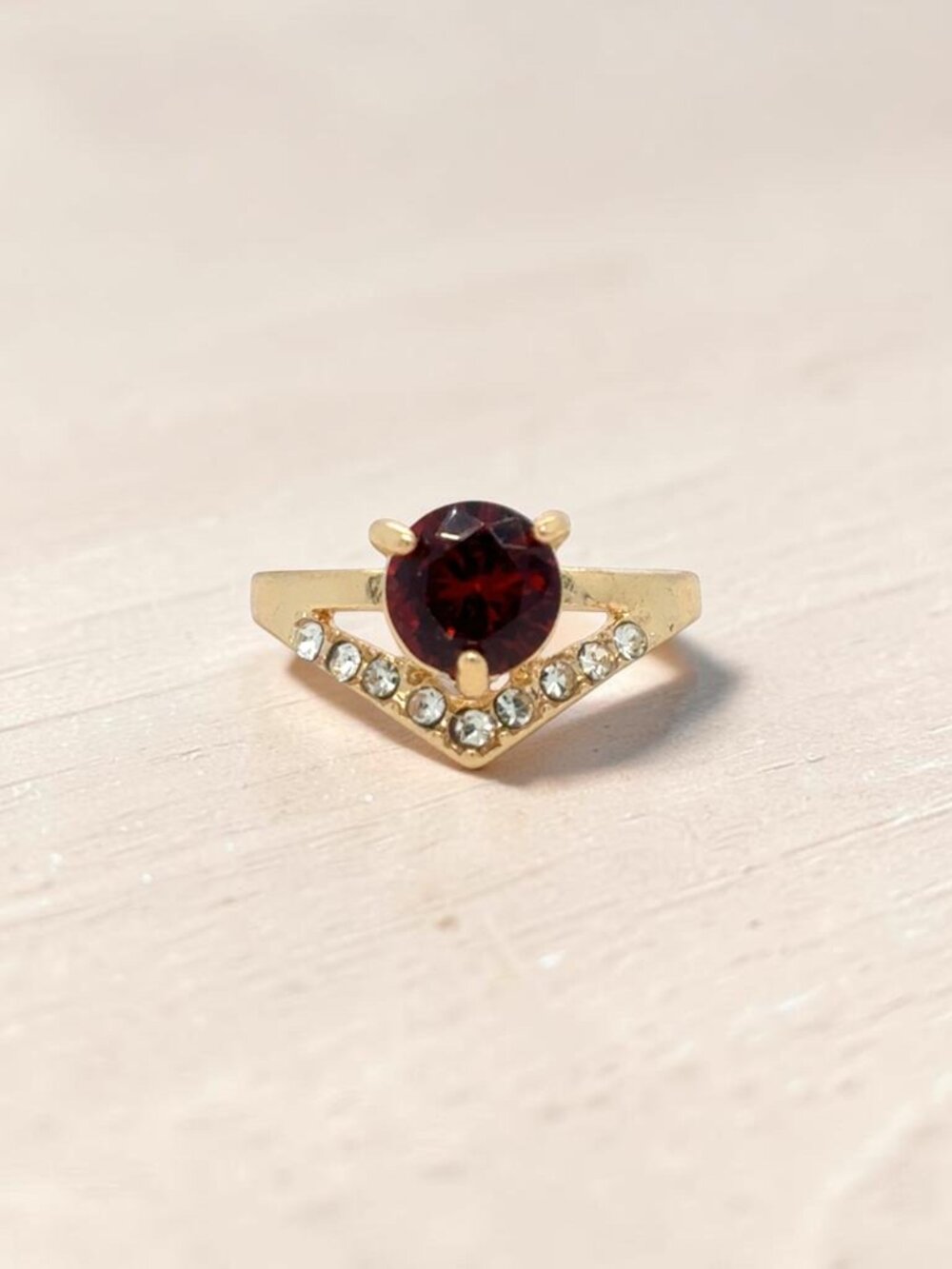 Gold-Tone Red and White Rhinestone Fashion Ring
